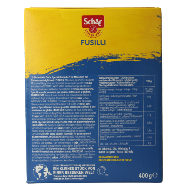 Schar Pasta Fusilli Senza Glutine 400 Grammi