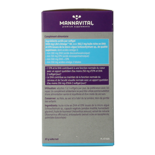 Mannavital Omega-3 aceite de algas platinum 60 cápsulas blandas