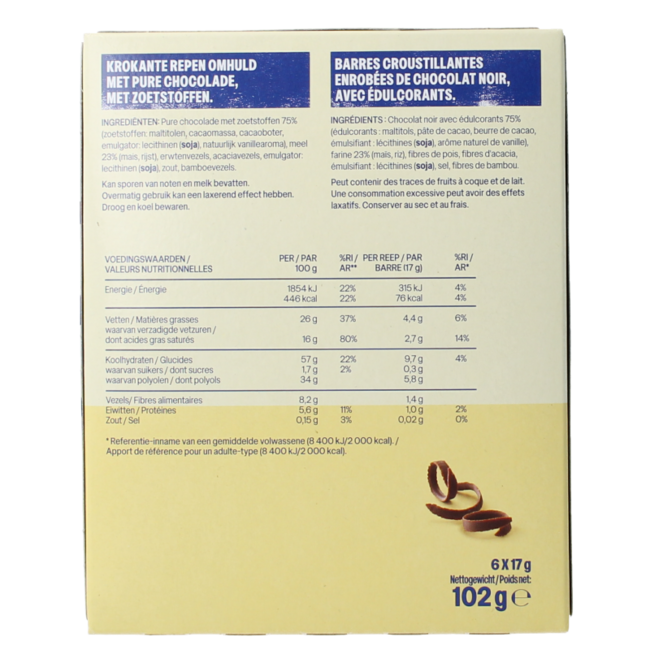Lower kcal/carb crunchy dark chocolate bars 102g