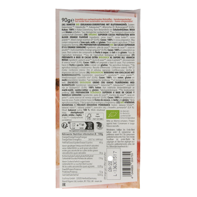 Chocolade Demeter puur 100% bloedsinaasappel bio 90 Gram