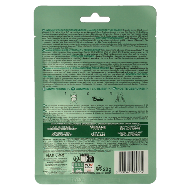Garnier SkinActive mascarilla de tela Hydra Bomb té verde 1 unidad