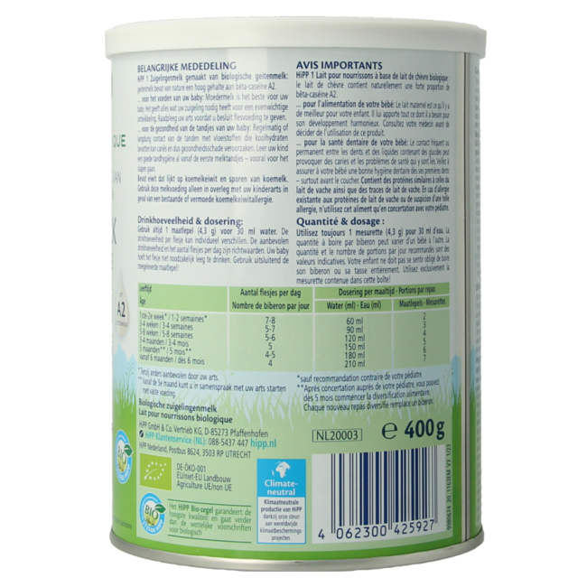 1 Biologische zuigelingenmelk op basis van geitenm 400 Gram