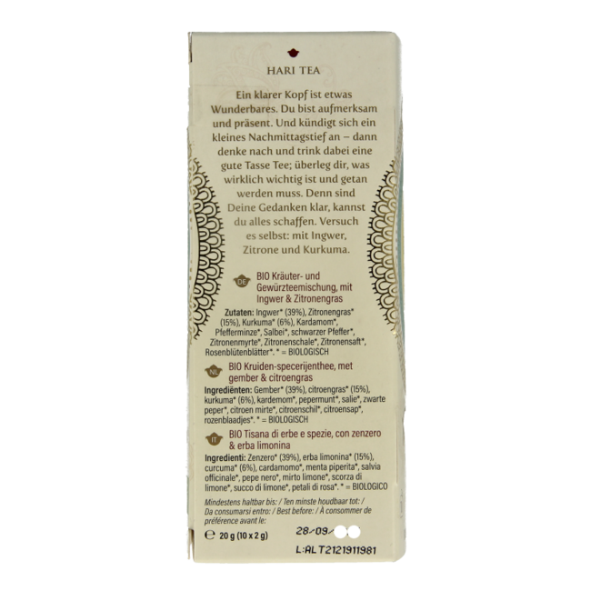 Hari Tea Jengibre limón y cúrcuma mindscape jengibre bio 10 unidades