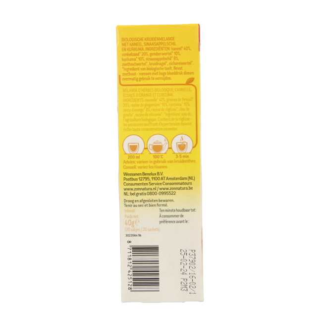 Zonnatura Chai mix turmeric organic 20 Sachets