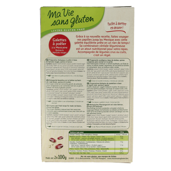 Hamburguesas de quinoa mexicanas 2 x 100g sin gluten bio 2 unidades