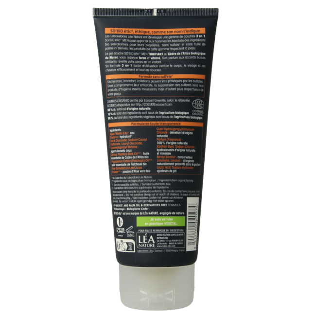 Gel douche 3-en-1 cèdre pour homme So Bio Etic 200 ml
