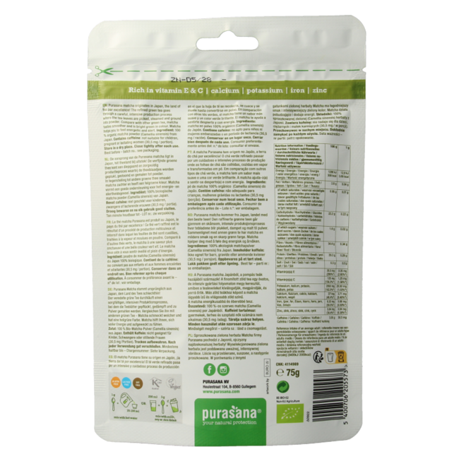 Purasana Matcha premium en polvo vegano bio 75 gramos