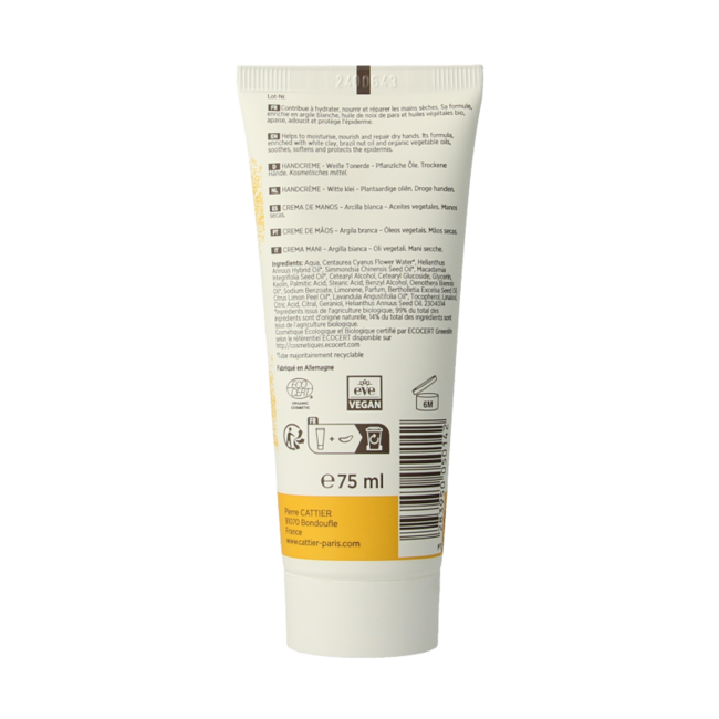 Cattier Crema de manos arcilla blanca 75 mililitros