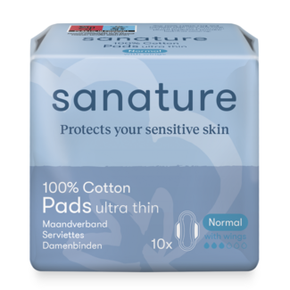 Sanature Serviettes hygiéniques normales 100% coton avec ailettes 10 Pièces