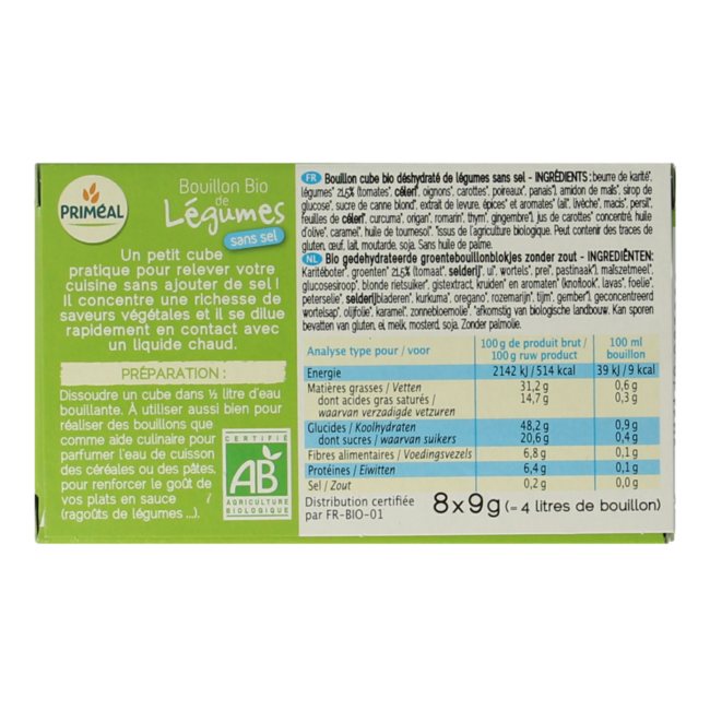 Vegetable bouillon cubes salt-free 9 grams organic 8 pieces