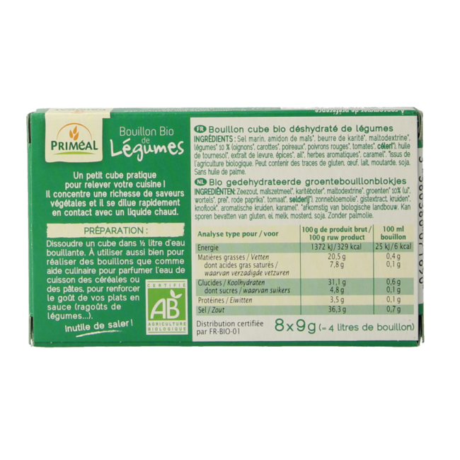 Primeal Caldo de verduras en cubitos 9 gramos bio 8 unidades