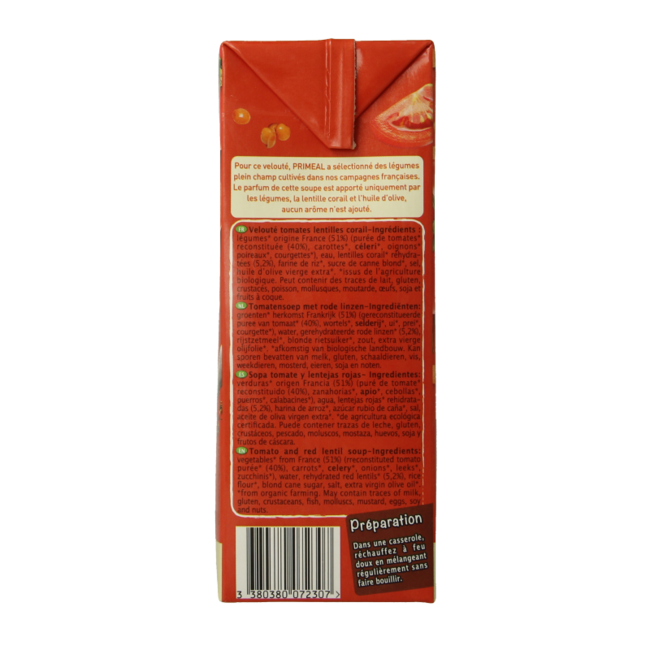 Primeal Veloute thickened tomato lentil soup organic 1 Litre