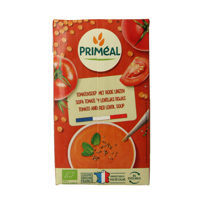 Primeal Veloute thickened tomato lentil soup organic 1 Litre