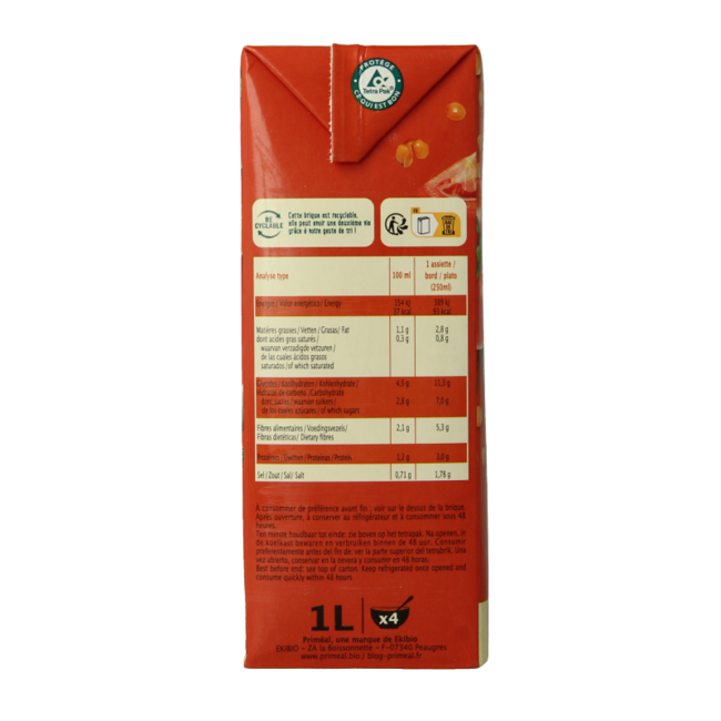 Primeal Veloute crema de sopa de tomate y lentejas bio 1 Litro