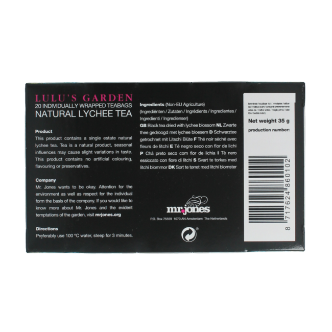 Mr. Jones Lulu's garden lychee thee 20 Zakjes