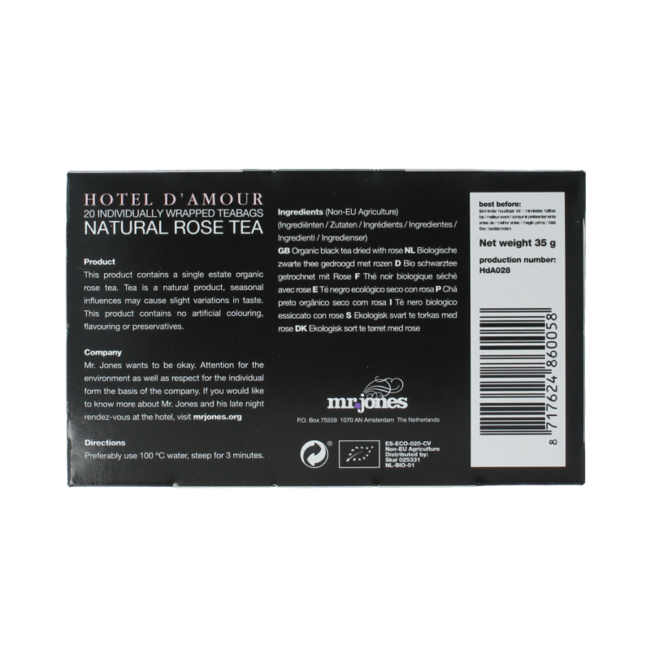 Mr. Jones Hotel d'Amour Thé à la Rose Bio 20 Sachets