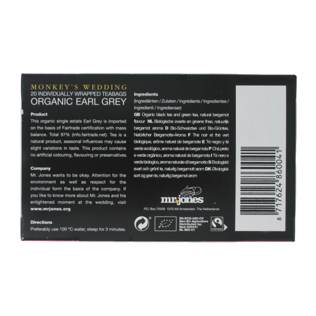 Mr. Jones Monkeys Wedding Organic Earl Grey, 20 Bags
