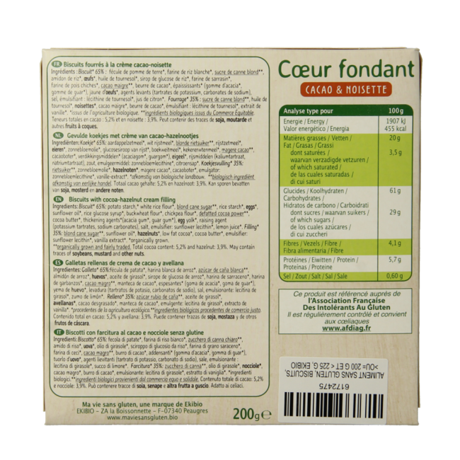 Organic gluten-free chocolate and hazelnut cream biscuits - 12 pack