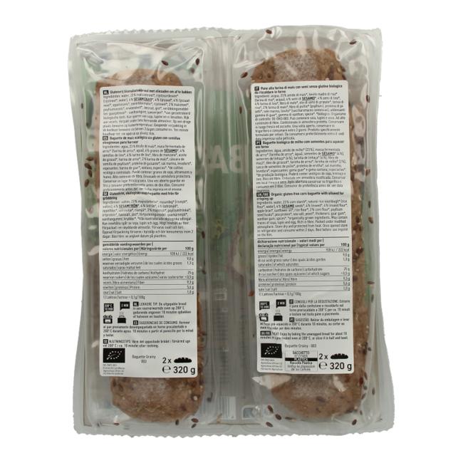Baguette grainy gluten-free organic 2 pieces