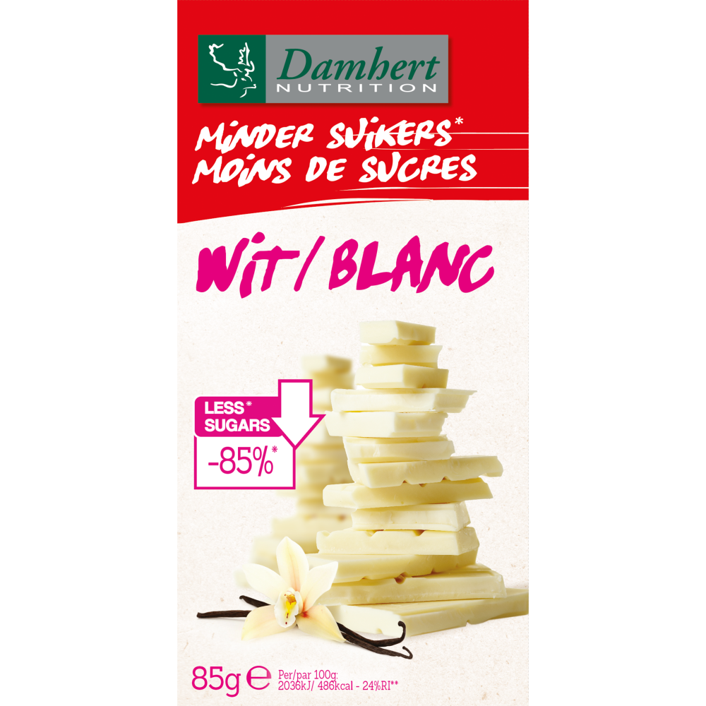 Damhert Tavoletta di Cioccolato Bianco Damhert a Ridotto Contenuto di Zuccheri 85 Grammi