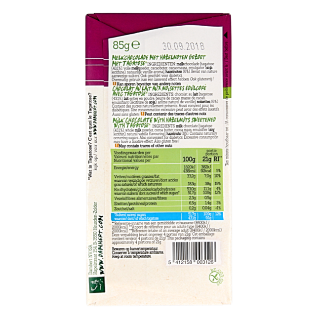Damhert Tableta de chocolate con frutos secos menos azúcares 85 gramos