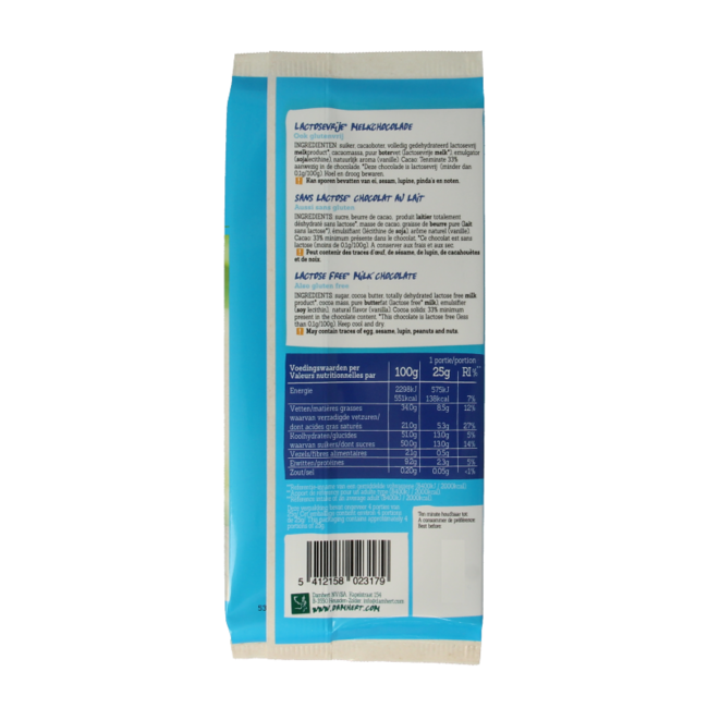 Tableta de chocolate con leche Damhert sin gluten y sin lactosa 100 gramos