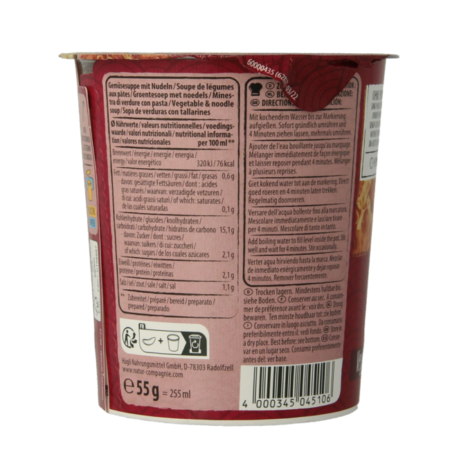 Natur Compagnie Cup Noodles Asia Gemüse Bio 55 Gramm