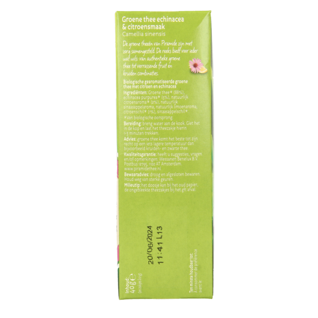 Piramide Refreshing green tea lemon & echinacea organic 20 Bags