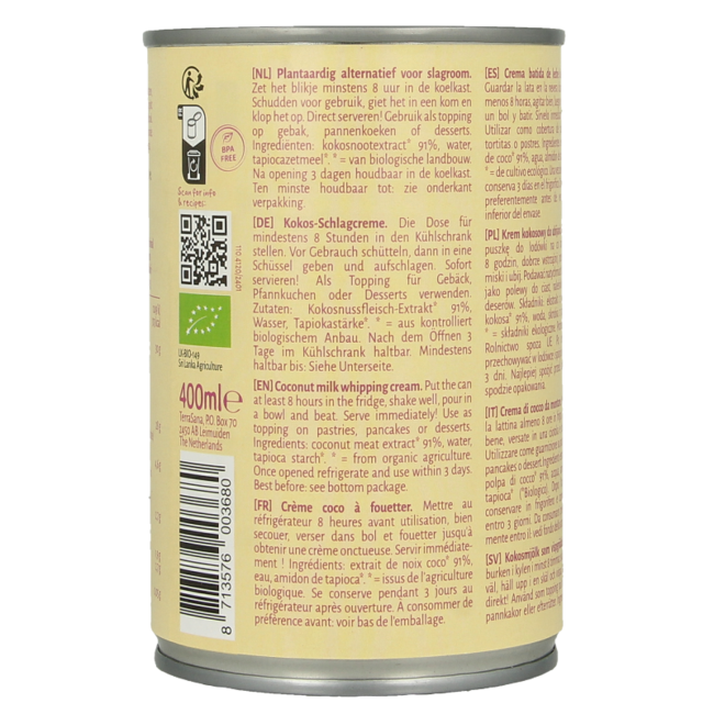 TerraSana Panna da Montare al Latte di Cocco 30% Grassi Bio 400 Millilitri