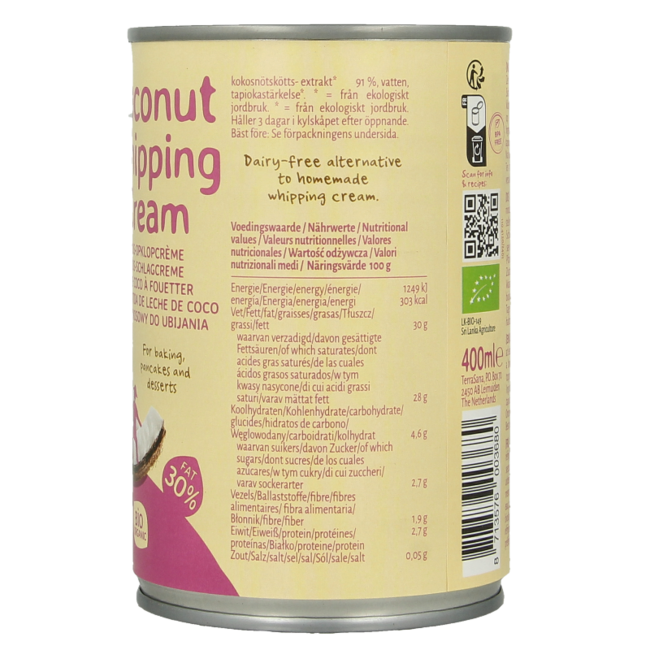 TerraSana Coconut milk whipping cream 30% fat organic 400 Millilitres