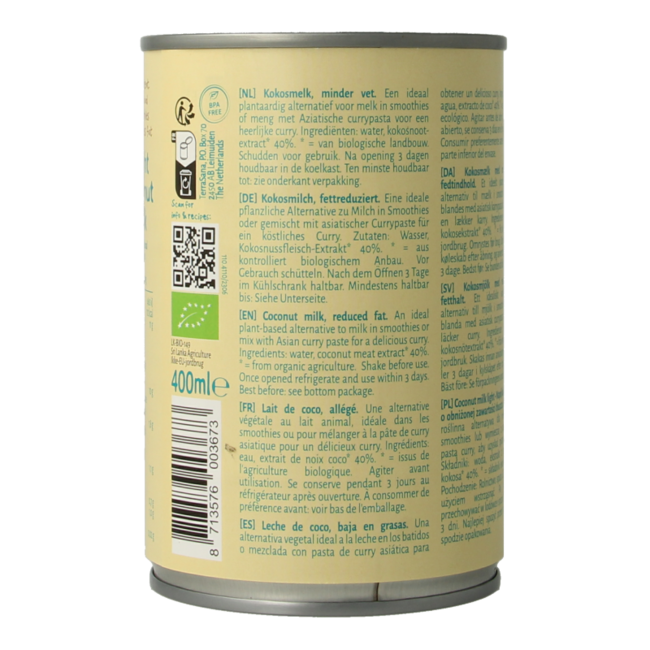 TerraSana Lait de coco léger 11% de matières grasses bio 400 ml