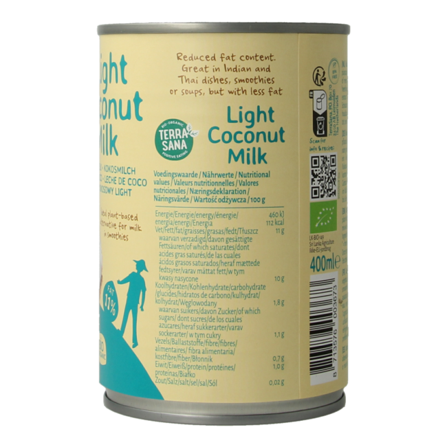 TerraSana Lait de coco léger 11% de matières grasses bio 400 ml