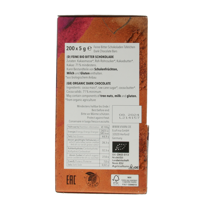 Vivani Napolitanas de chocolate negro 5 g ecológicas 200 unidades