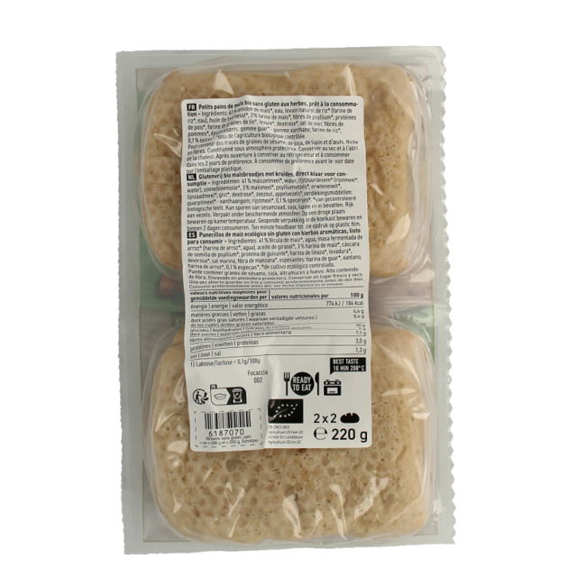 Focaccia 4 unidades sin gluten bio 220 gramos