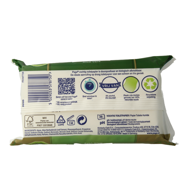 Page moist toilet tissue aloe vera refill 38 pieces