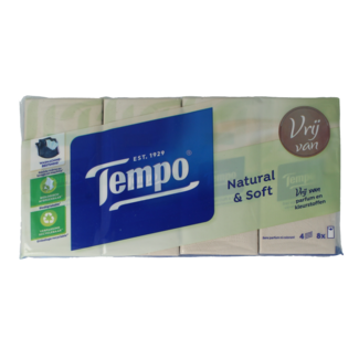 Tempo Natural & soft zakdoekjes 8 x 9 stuks 8 Stuks