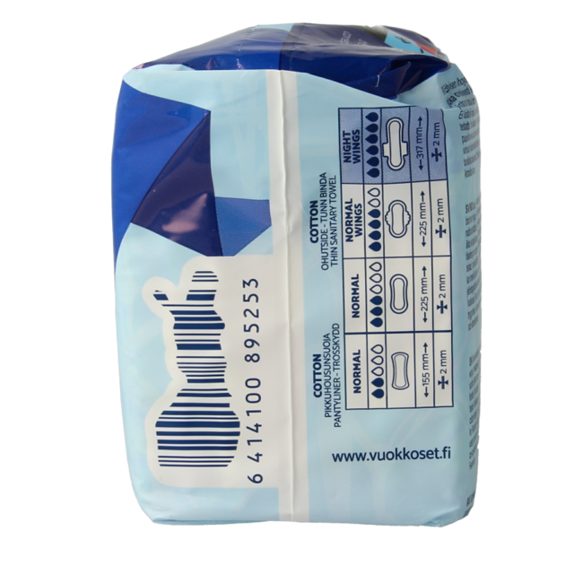 Vuokkoset Night Sanitary Pads with Wings, Organic Cotton, 9 Pieces