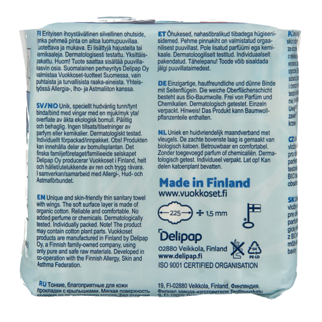 Vuokkoset Normal Wings Sanitary Pads Organic Cotton 12 Pieces