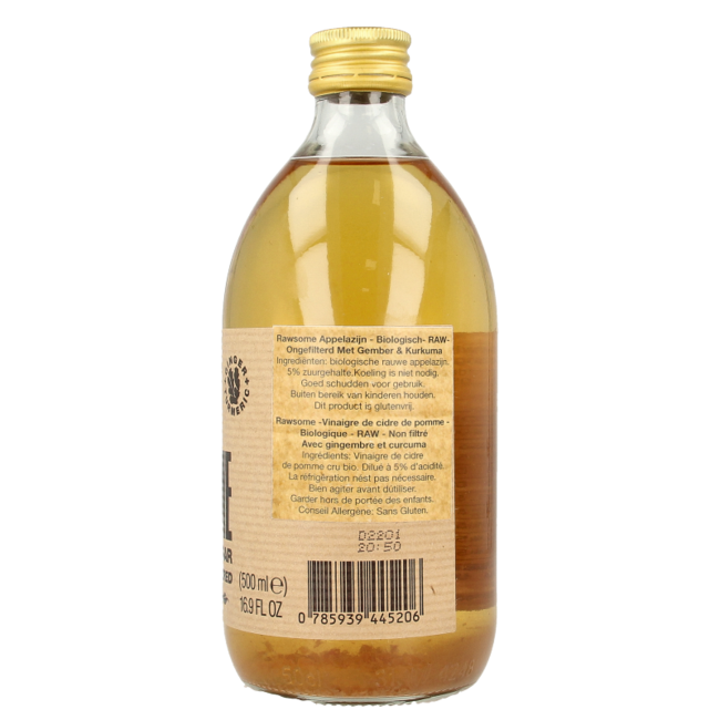 Vinaigre de cidre de pomme Rawsome (gingembre et curcuma) avec la mère bio 500 ml