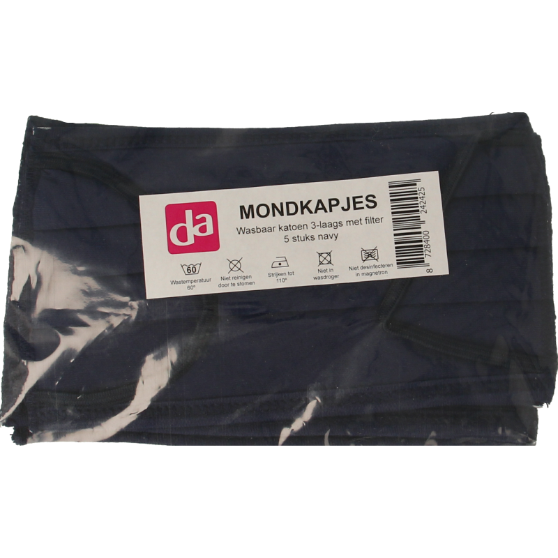 Easyessentials Mondkap wasbare katoen blauw 3-laags 5 Stuks