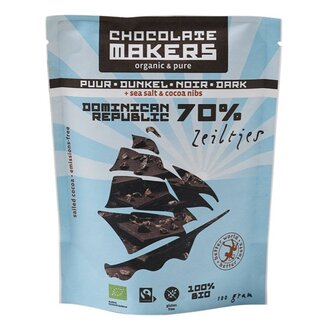 Chocolatemakers Chocolatemakers Zeiltjes puro 70% con nibs de cacao y sal marina bio 100 gramos