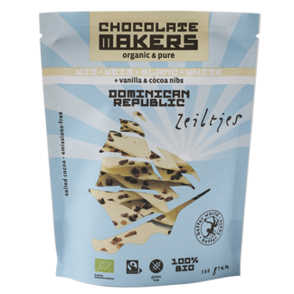 Chocolatemakers Zeiltjes white with cocoa nibs & vanilla organic 100 Gram