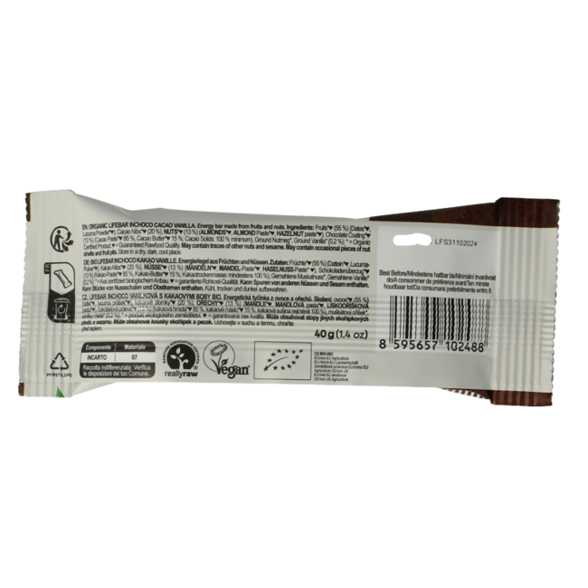 Lifefood Lifebar inchoco Cioccolato Vaniglia Crudo Bio 40 Grammi