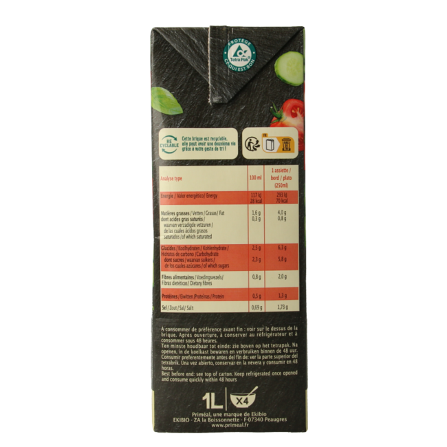 Primeal Gaspacho tomate pepino bio 1 Litro