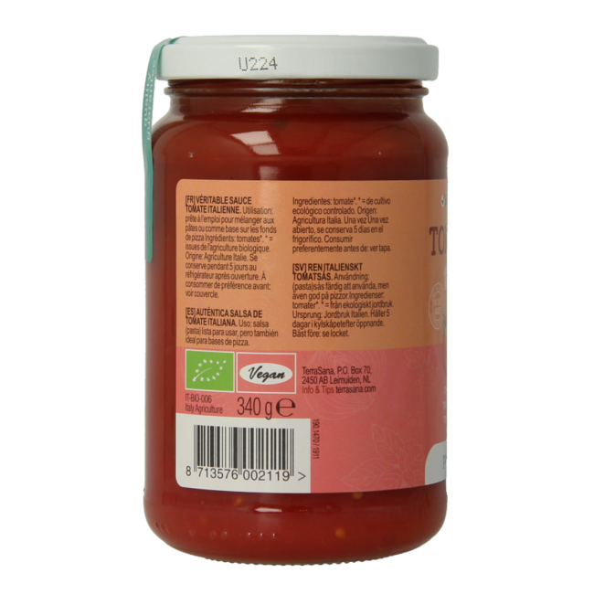 TerraSana Tomatensaus 100% tomaat bio 340 Gram