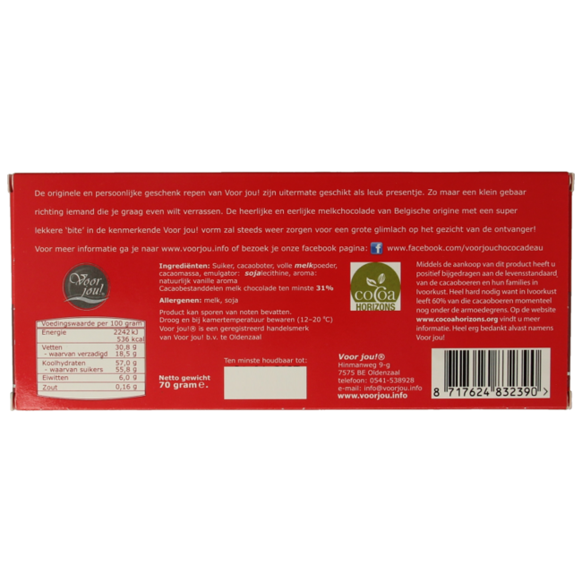 Voor Jou! Tableta de chocolate de felicitación Kanjer 70 g