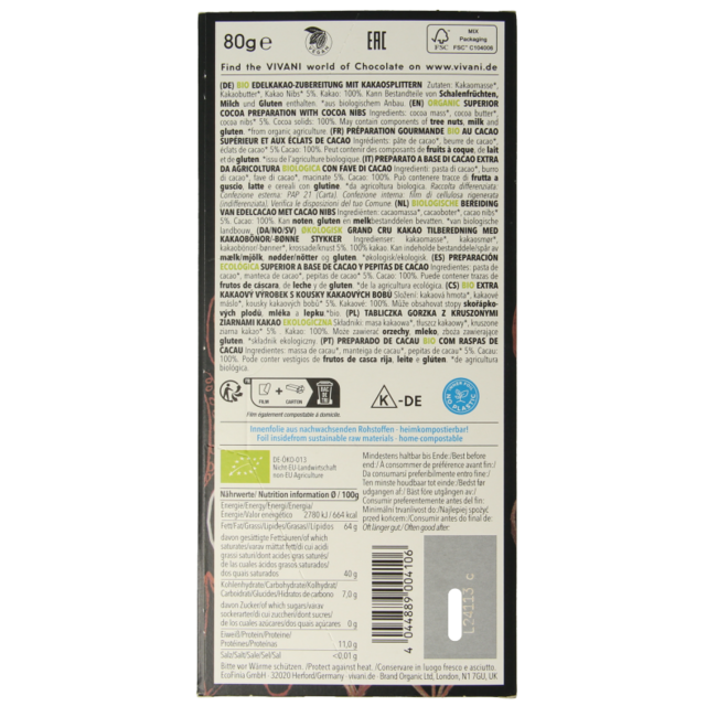 Vivani Superior Dark Chocolate 100% + Cacao Nibs Organic 80 Grams