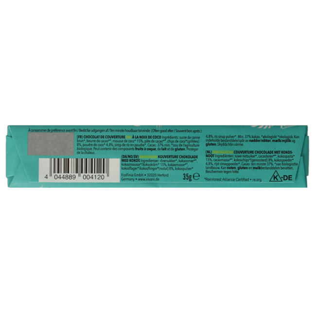 Vivani Chocolate To Go knusprige Kokosnuss vegan bio 35 Gramm