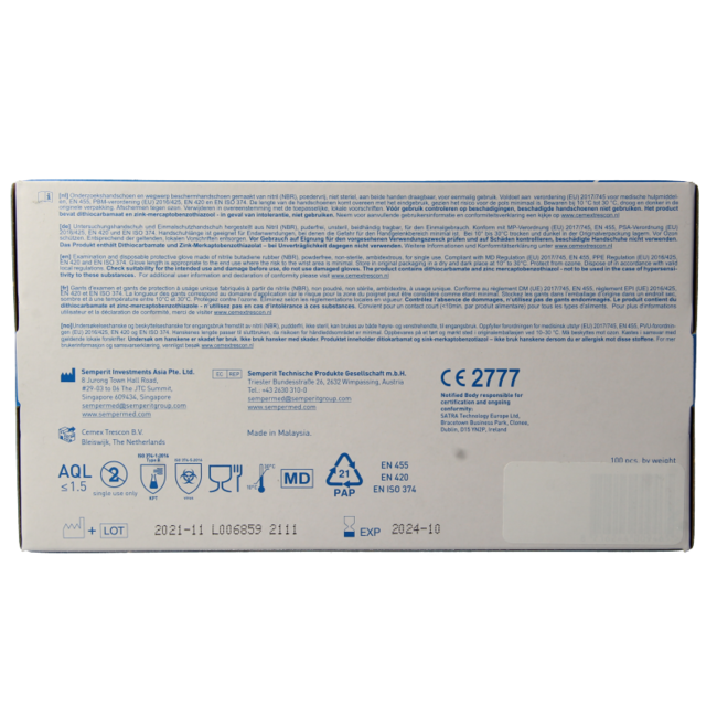 Guante de examen de nitrilo blanco sin polvo talla L 100 unidades