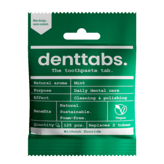 Denttabs Tabletas de pasta de dientes menta sin flúor veganas 125 unidades
